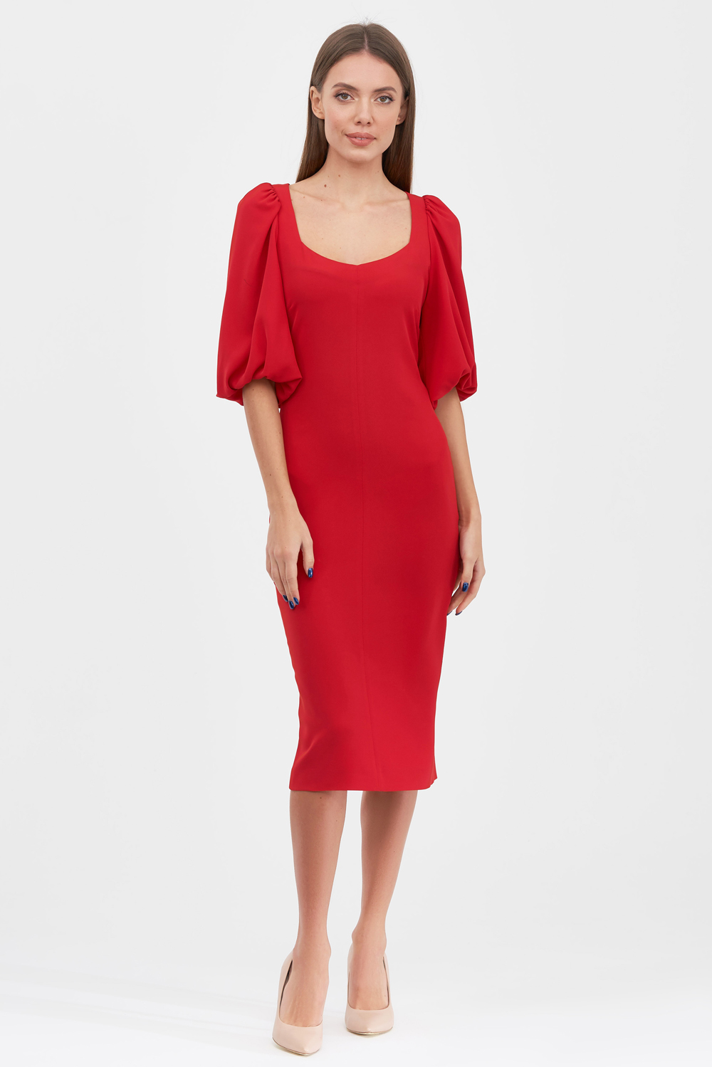 Сукня червого кольору із об'ємними рукавами