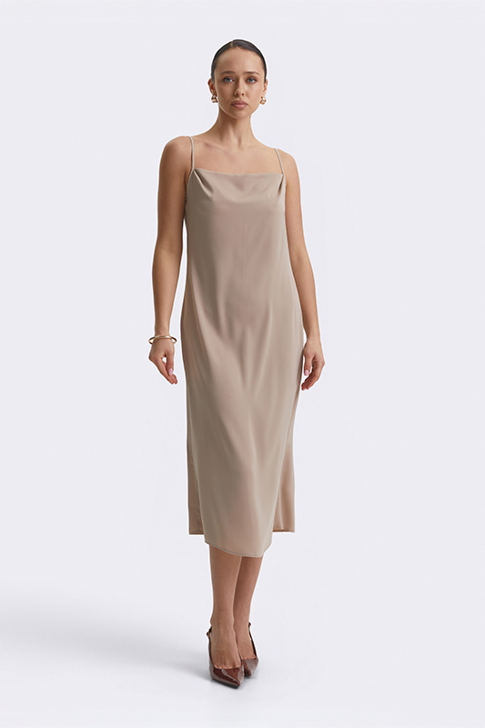 Бежева сукня-міді на тонких бретелях від Natali Bolgar