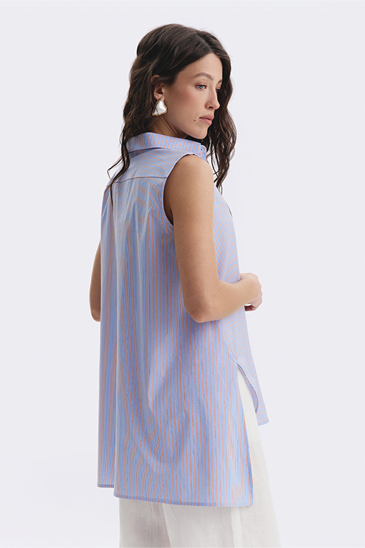 Women's comfortable Natali Bolgar shirt-tunic in light blue thin stripes – a stylish spring-summer look for home and city.