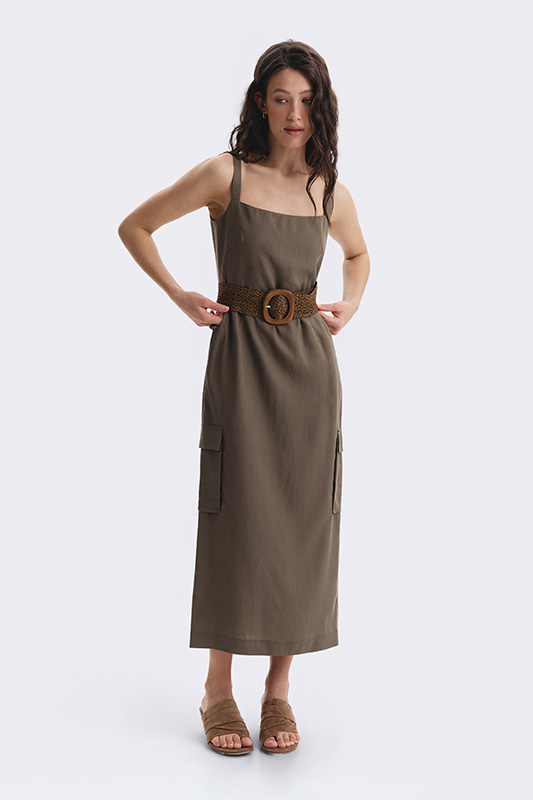 Women's midi dress by Natali Bolgar in olive with pockets and a braided belt — a stylish choice for summer.
