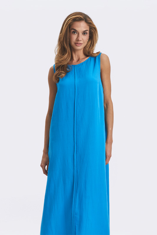 Women's bright blue maxi dress by Natali Bolgar, elegant and comfortable for a summer everyday look.