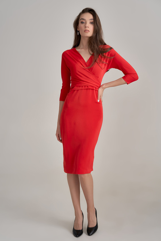 Платье миди красного цвета с V-образным вырезом 3 - интернет-магазин Natali Bolgar