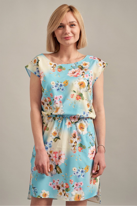 Голубое платье с цветочным принтом и асимметричным низом  2 - интернет-магазин Natali Bolgar