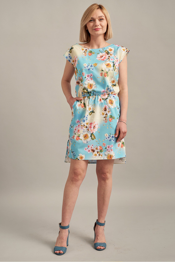 Голубое платье с цветочным принтом и асимметричным низом  - интернет-магазин Natali Bolgar