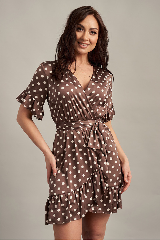 Платье цвета мокко в белый горох на запах с рюшами 3 - интернет-магазин Natali Bolgar