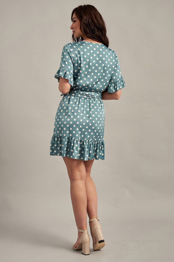 Голубое платье в белый горох на запах с рюшами 4 - интернет-магазин Natali Bolgar