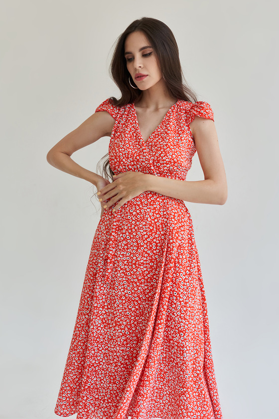 Красное платье на запах с цветочным принтом  2 - интернет-магазин Natali Bolgar