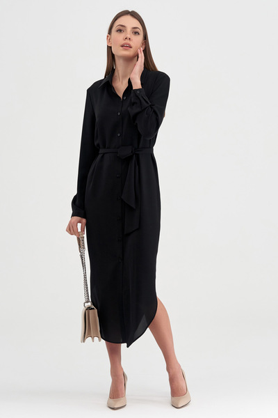 Платье-рубашка с поясом черного цвета  – Natali Bolgar