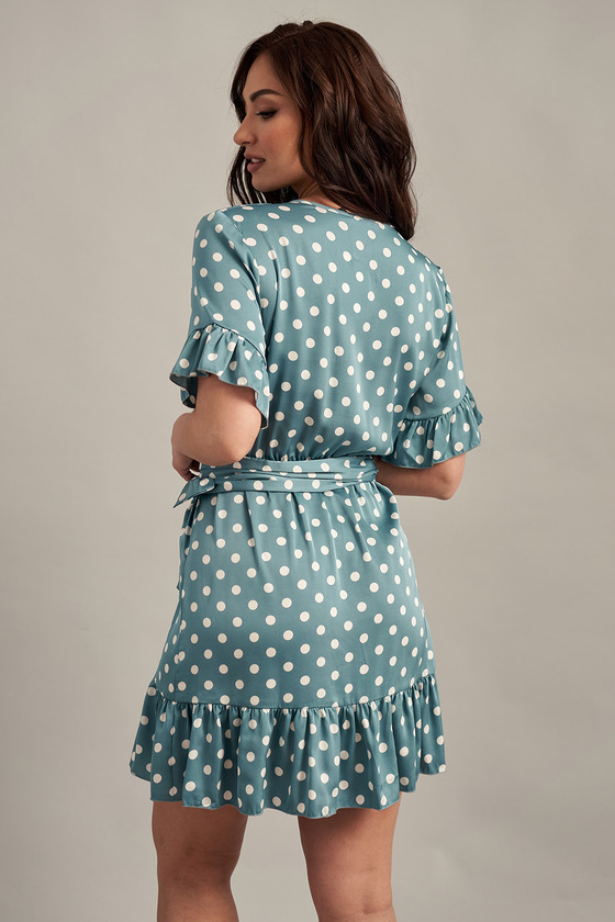 Голубое платье в белый горох на запах с рюшами 2 - интернет-магазин Natali Bolgar