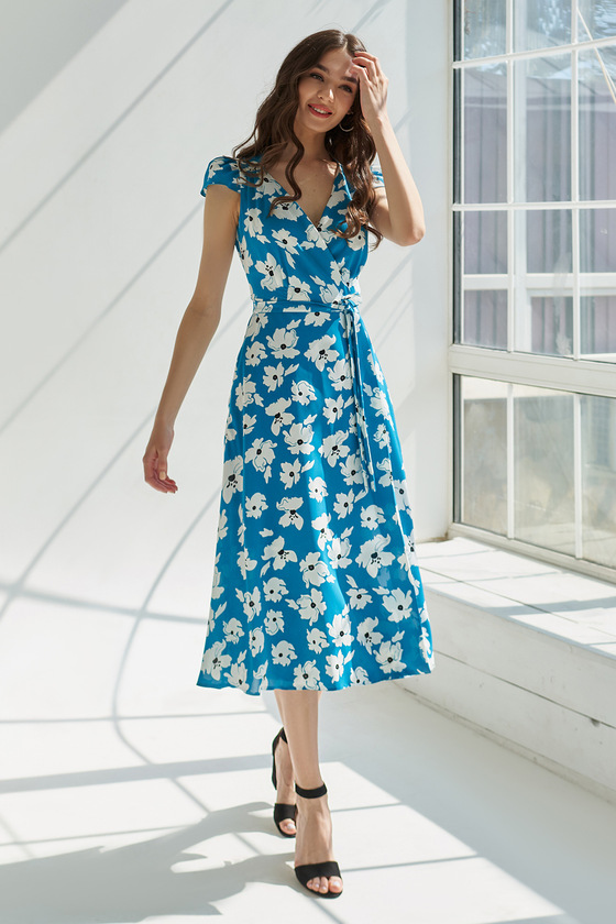 Синее платье на запах с цветочным принтом  - интернет-магазин Natali Bolgar